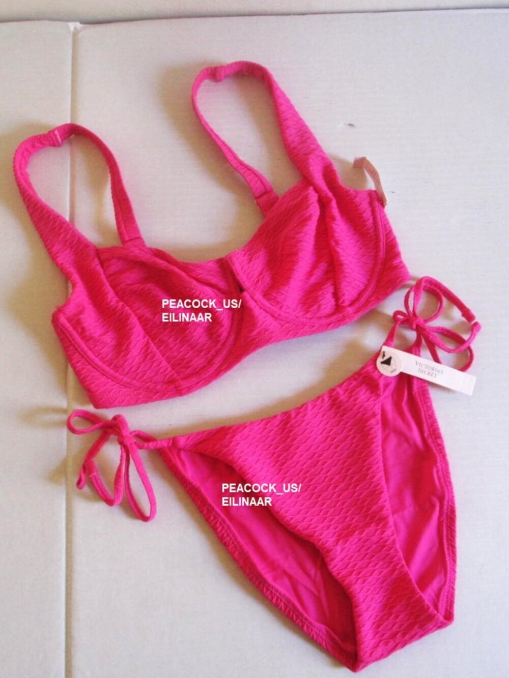 34DDD/M VICTORIA SECRET Lace-Up Back Strappy Top Bikini Side Tie Cheeky Hot Pink